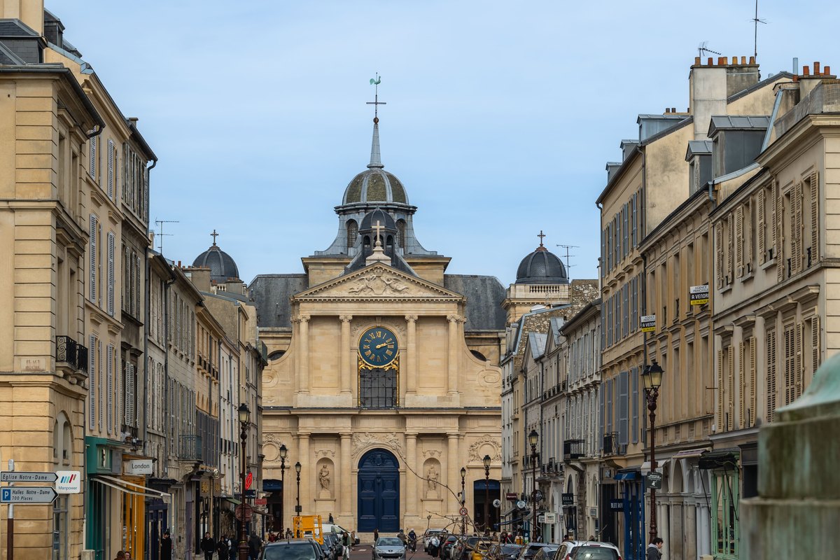 Rue Hoche leading to the domed façade of Notre-Dame church in the Notre-Dame quarter of Versailles
