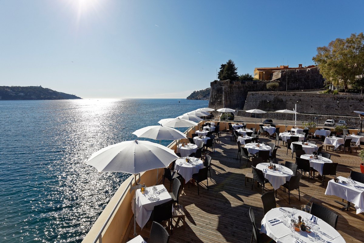 The panoramic rooftop terrace of Mayssa Beach over the bay of Villefranche-sur-Mer