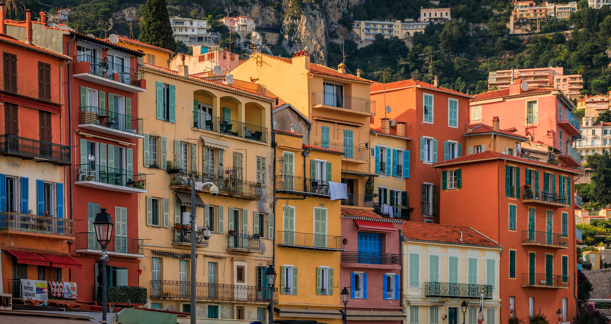 The seafront promenade and colourful restaurants of the old town of Villefranche-sur-Mer