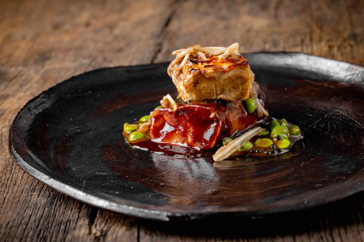 Plated dish with seared fish, red sauce, and green garnish on a black ceramic plate