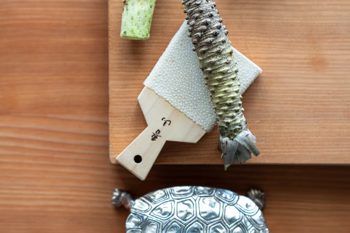 Overhead shot of fresh wasabi root, a grater, and a silver turtle-shaped dish on a wooden table