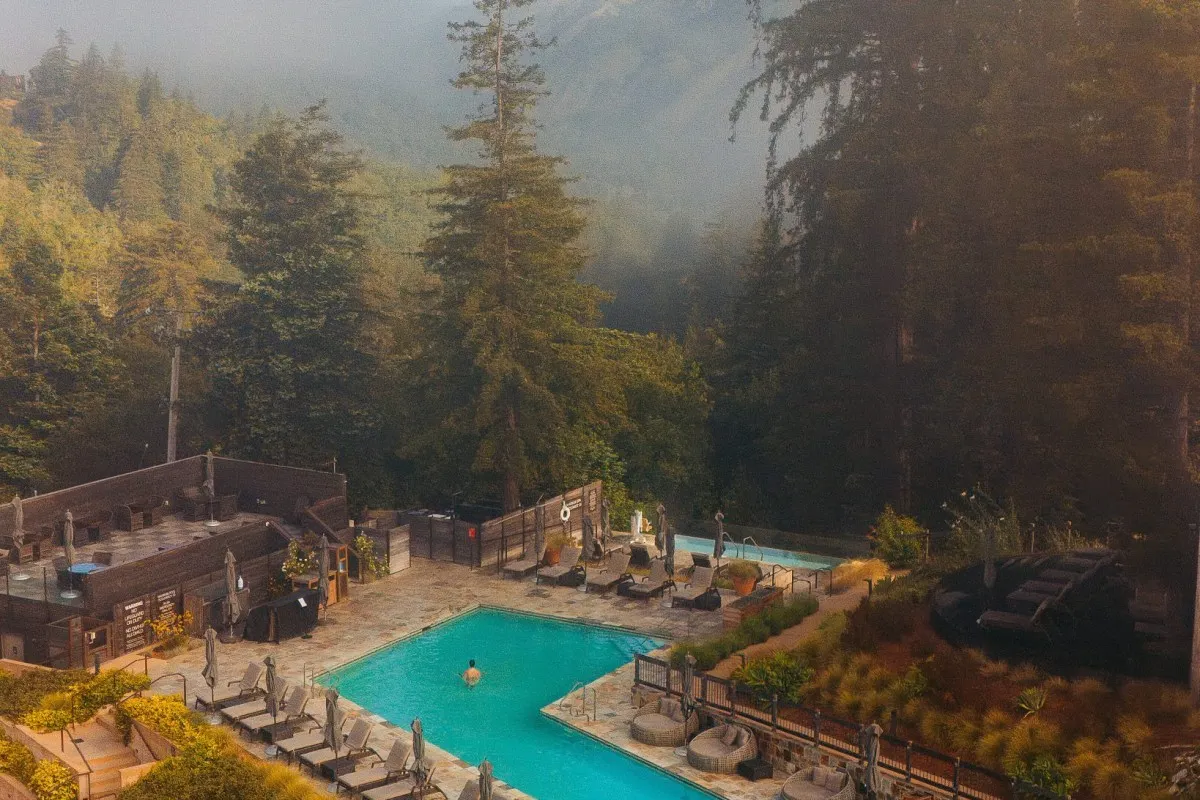 Aerial view of hotel pool deck surrounded by redwood forest, resort building visible at edge