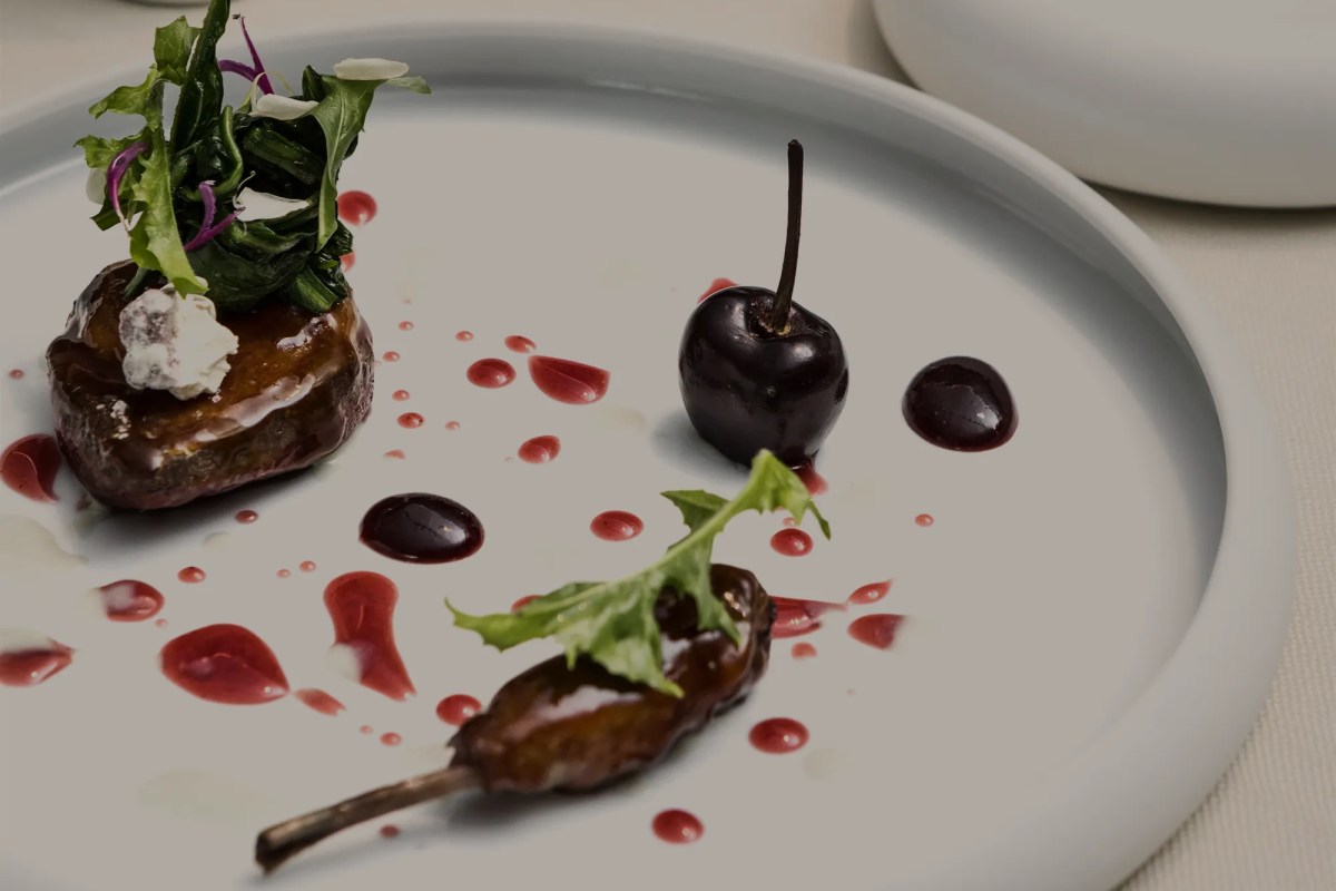 Plated gourmet dish with glazed quail, cherry, and herb garnish artistically arranged on a white plate