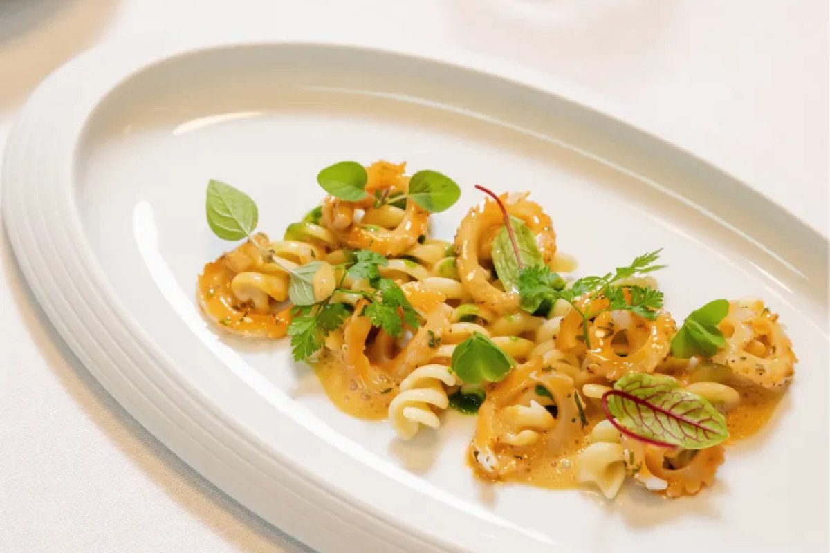 Oval white plate with curled pasta and seafood in a light sauce, garnished with herbs