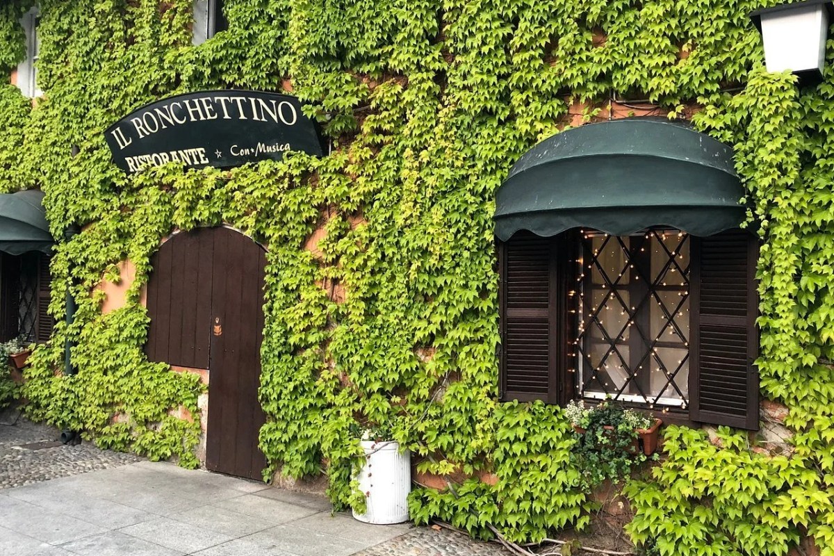 Ivy-covered exterior facade of Il Ronchettino restaurant with sign and green awnings, Milan