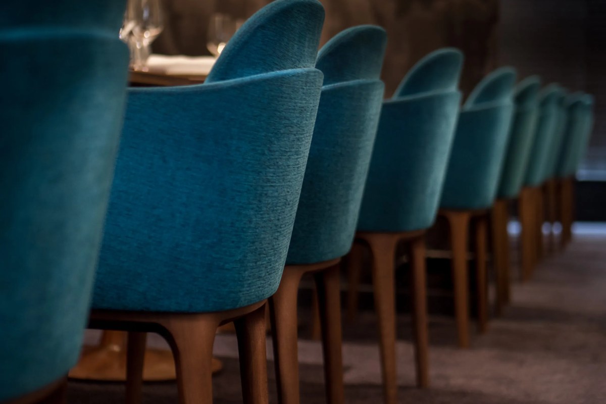 Close-up row of teal velvet dining chairs with wooden legs in restaurant interior