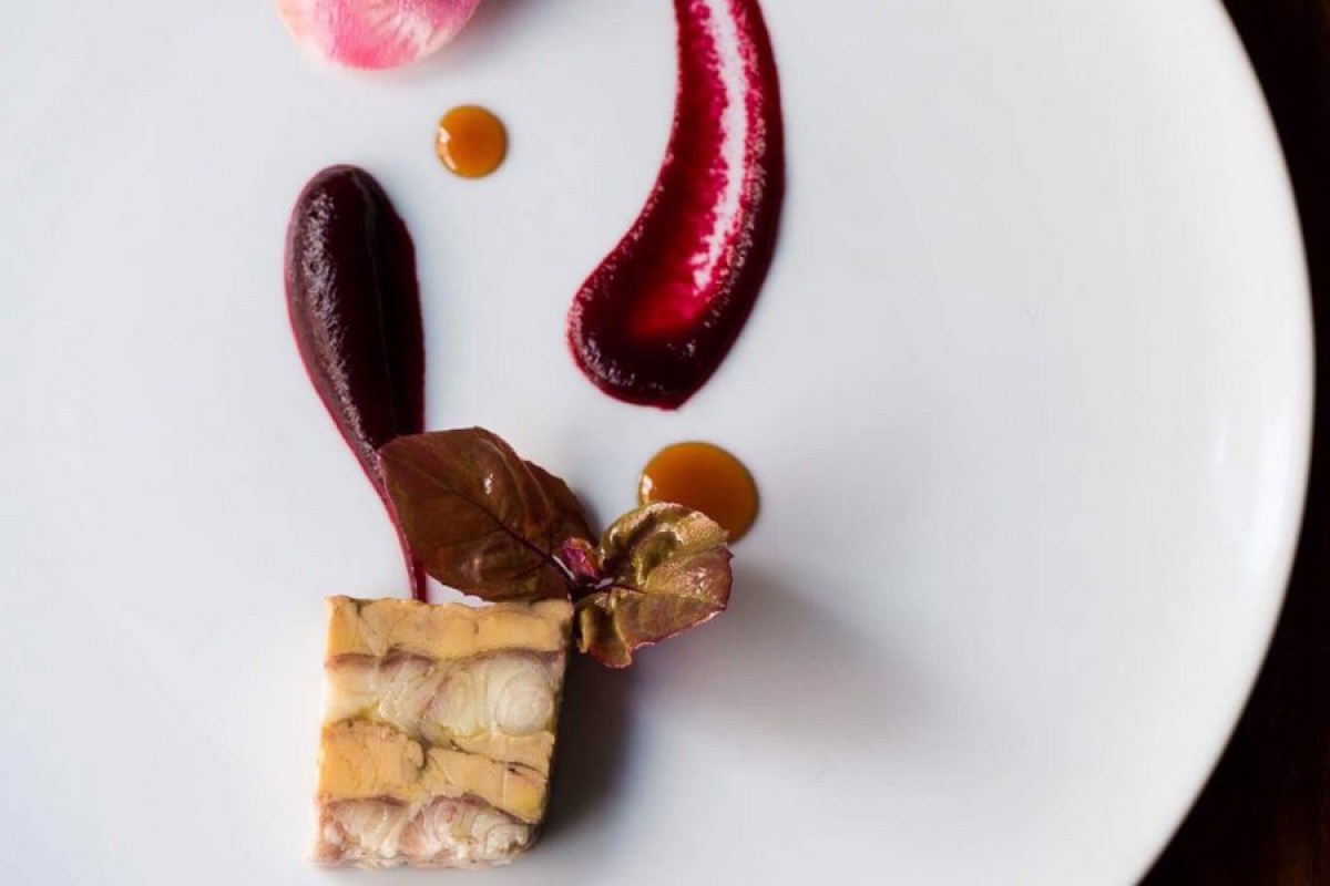 Elegant foie gras terrine with beetroot purée and berry sauce artfully plated on white dish