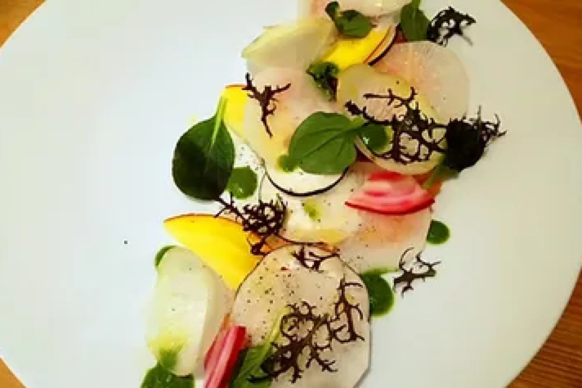 An artfully plated dish with thin slices of radish, apple, and herbs arranged on a white plate.