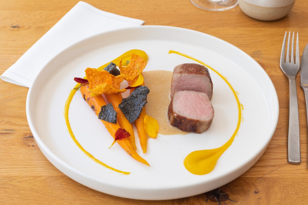 Plated dish of sliced pink roasted meat with carrots, crispy chips and yellow sauce swirl on white plate