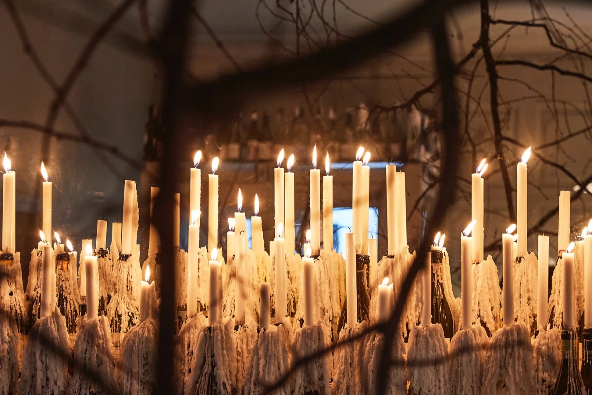 Close-up of lit candles on wine bottles, warm restaurant ambiance through bare branches.