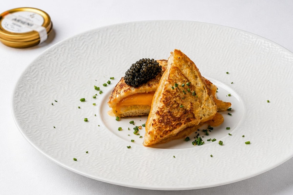 White plate with a toasted sandwich triangle topped with black caviar and chives.