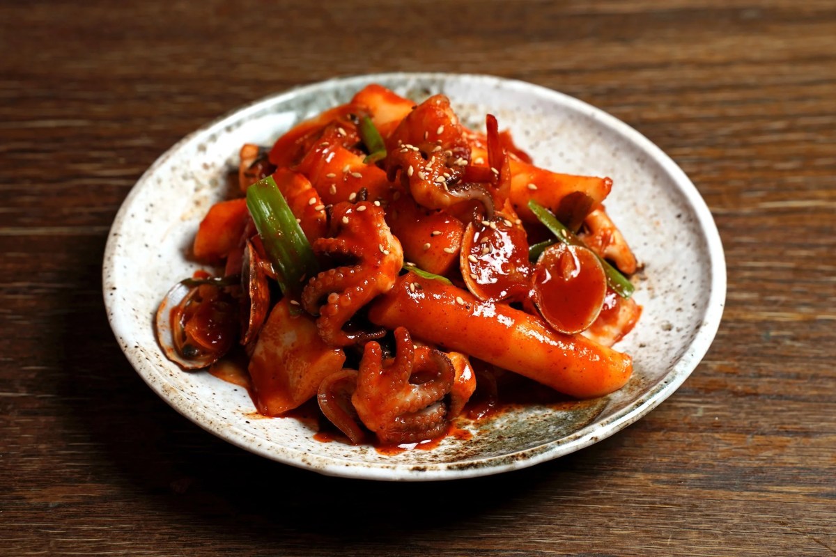Spicy braised tteokbokki with octopus and clams on a ceramic plate