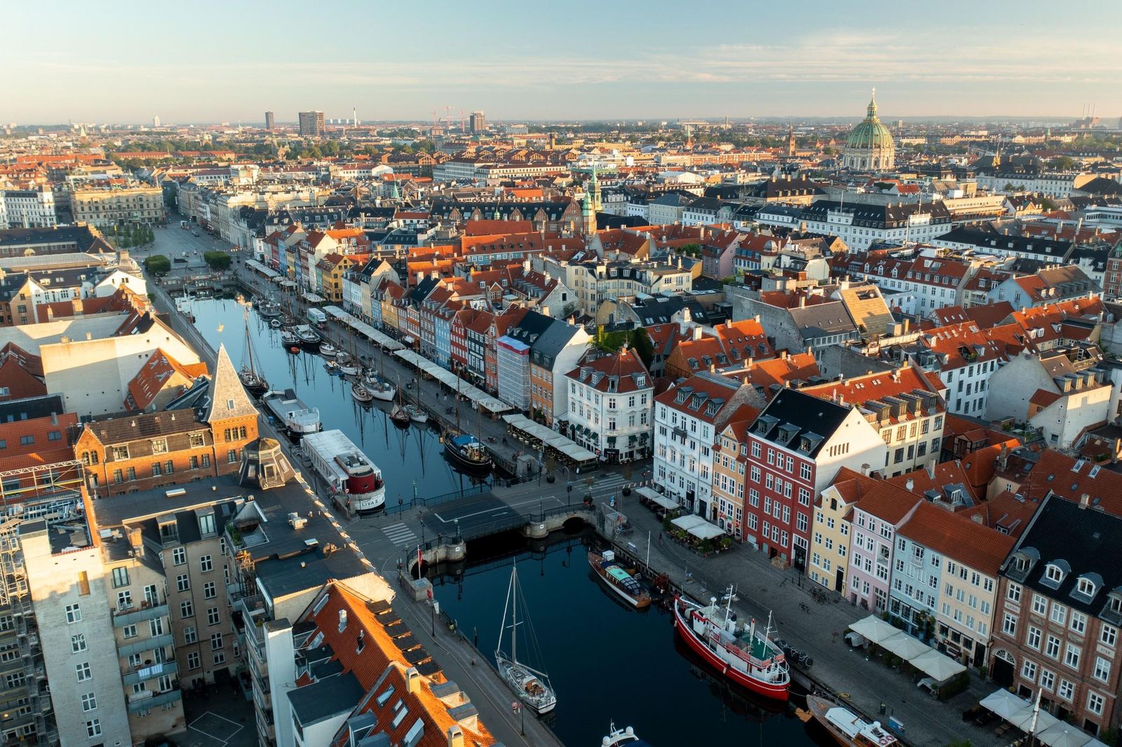 Nyhavn canal and the rooftops of Copenhagen from the air