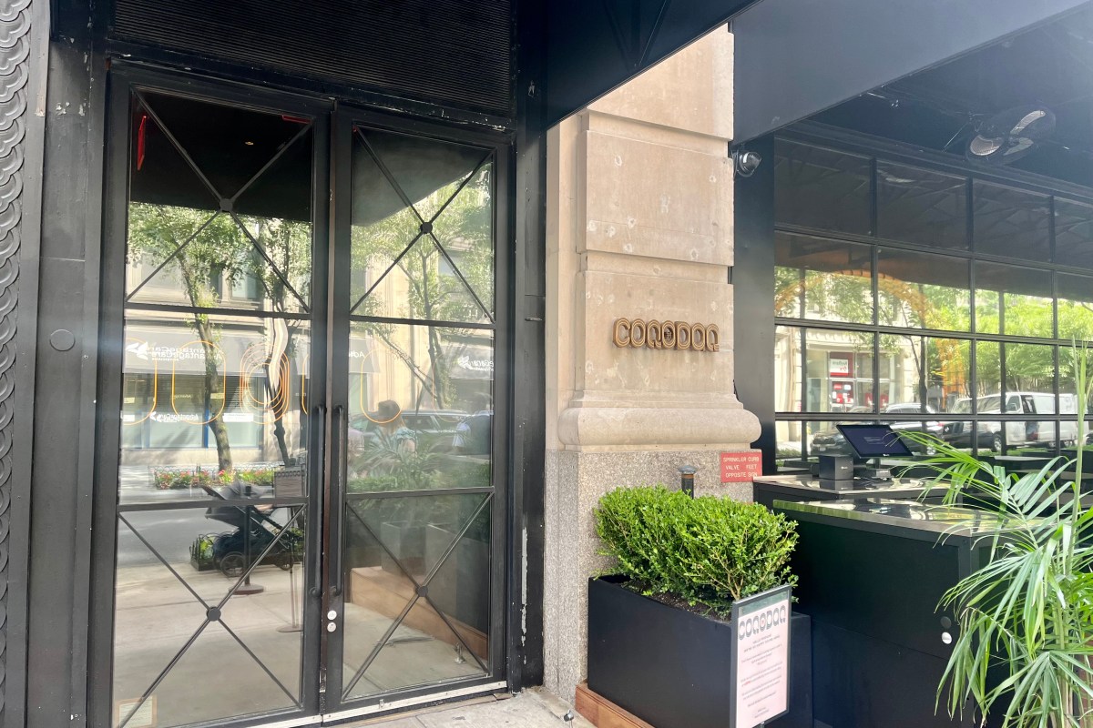 Exterior entrance of Coqodaq with black-framed glass doors, signage, and greenery on a city sidewalk.