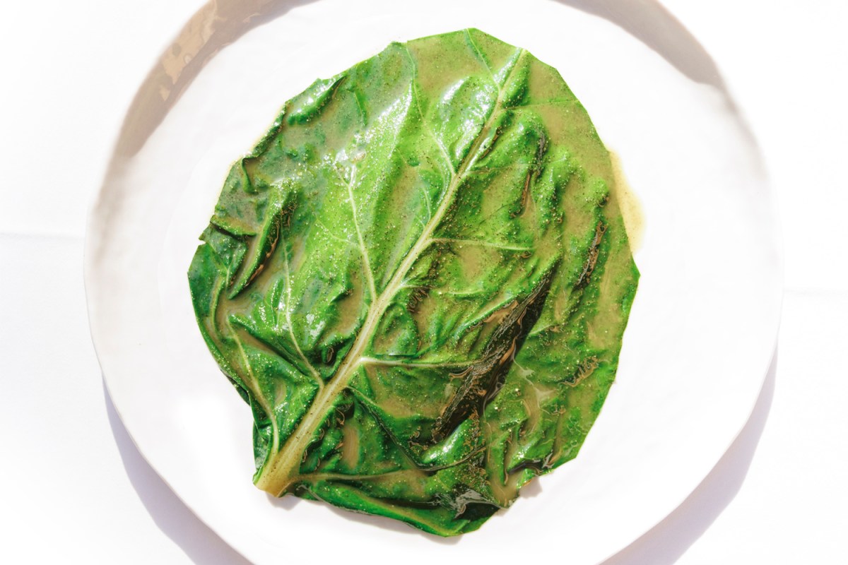 Single glossy green cooked leaf plated on a white ceramic dish, minimalist food styling