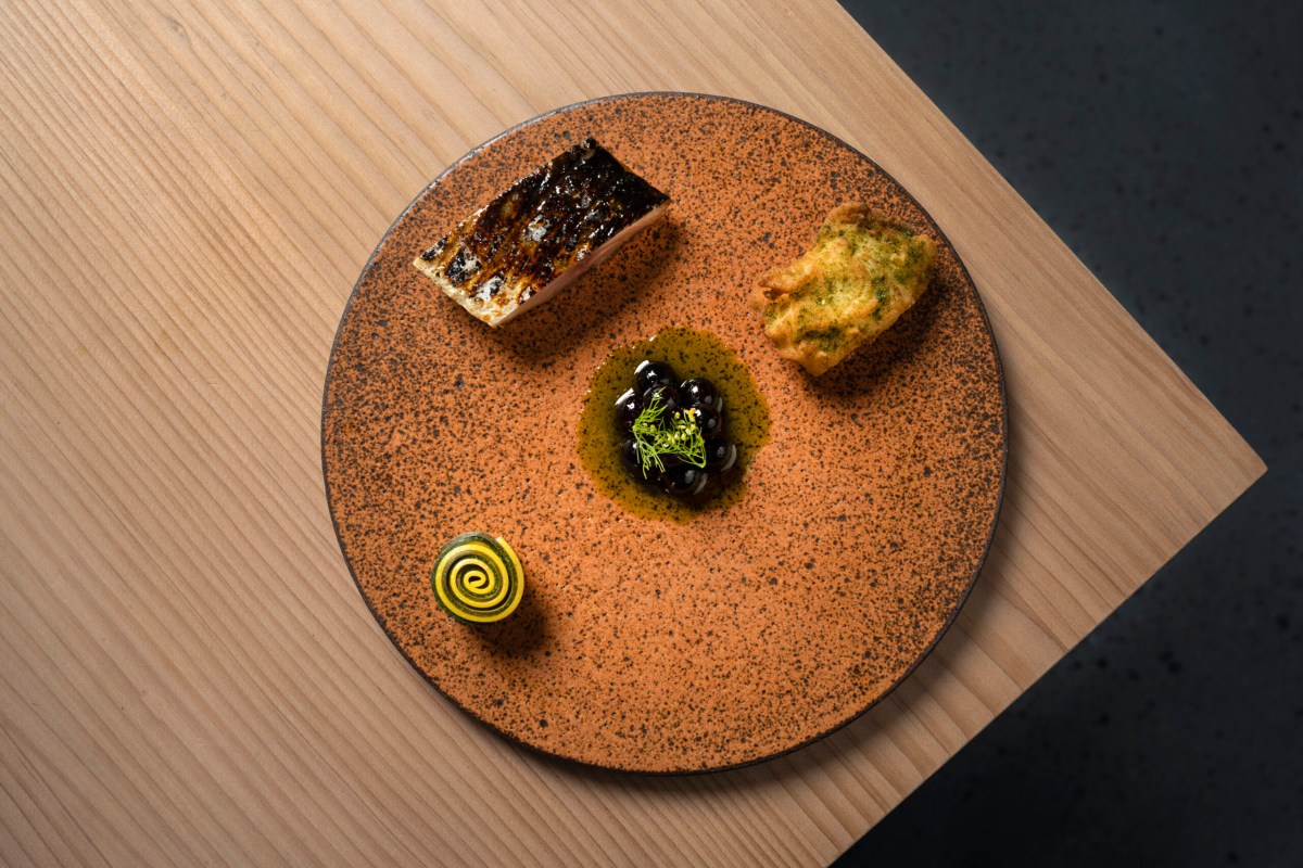 Plated dish with seared fish, a fritter, dark sauce with greens and a citrus swirl on a speckled orange plate
