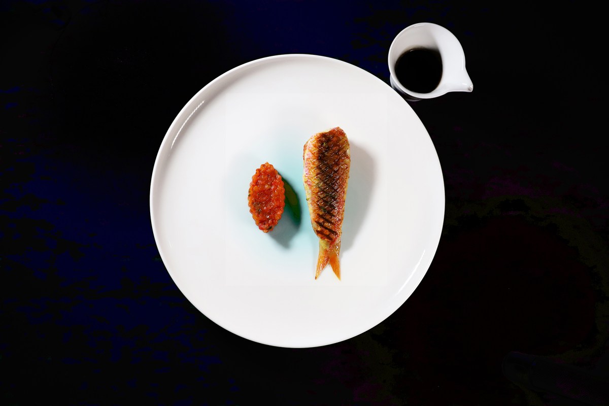 Overhead shot of seared fish fillet with red roe garnish and dark sauce on white plate, blue backdrop