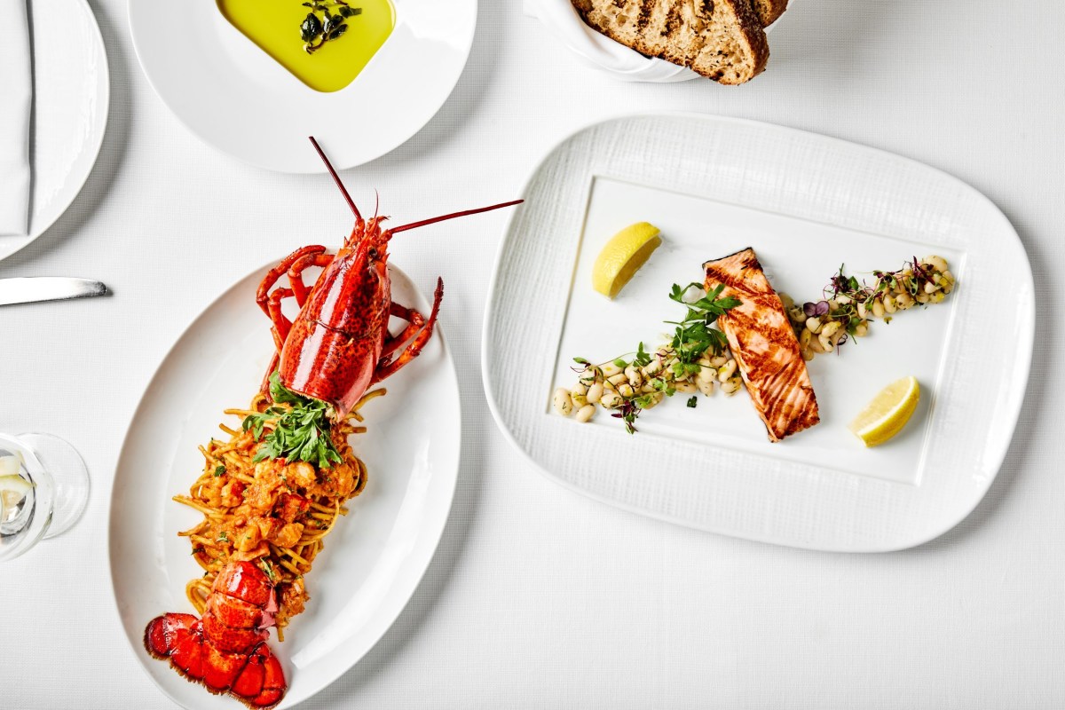 Grilled lobster over pasta and a grilled salmon fillet with white beans, plated elegantly on a white tablecloth