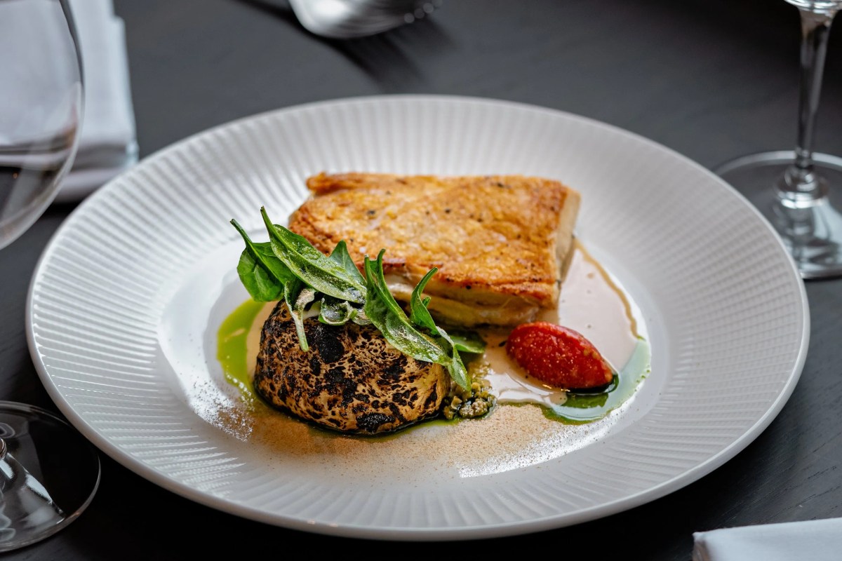 Plated dish with pastry, blackened root vegetable, greens and sauce on white ribbed plate