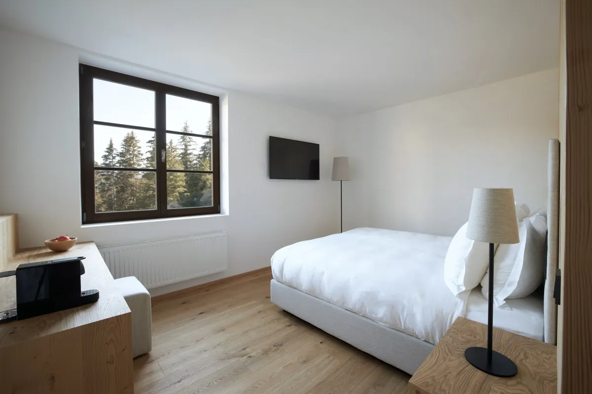 Minimalist hotel guest room with white bed, wood furnishings, and a window overlooking pine trees