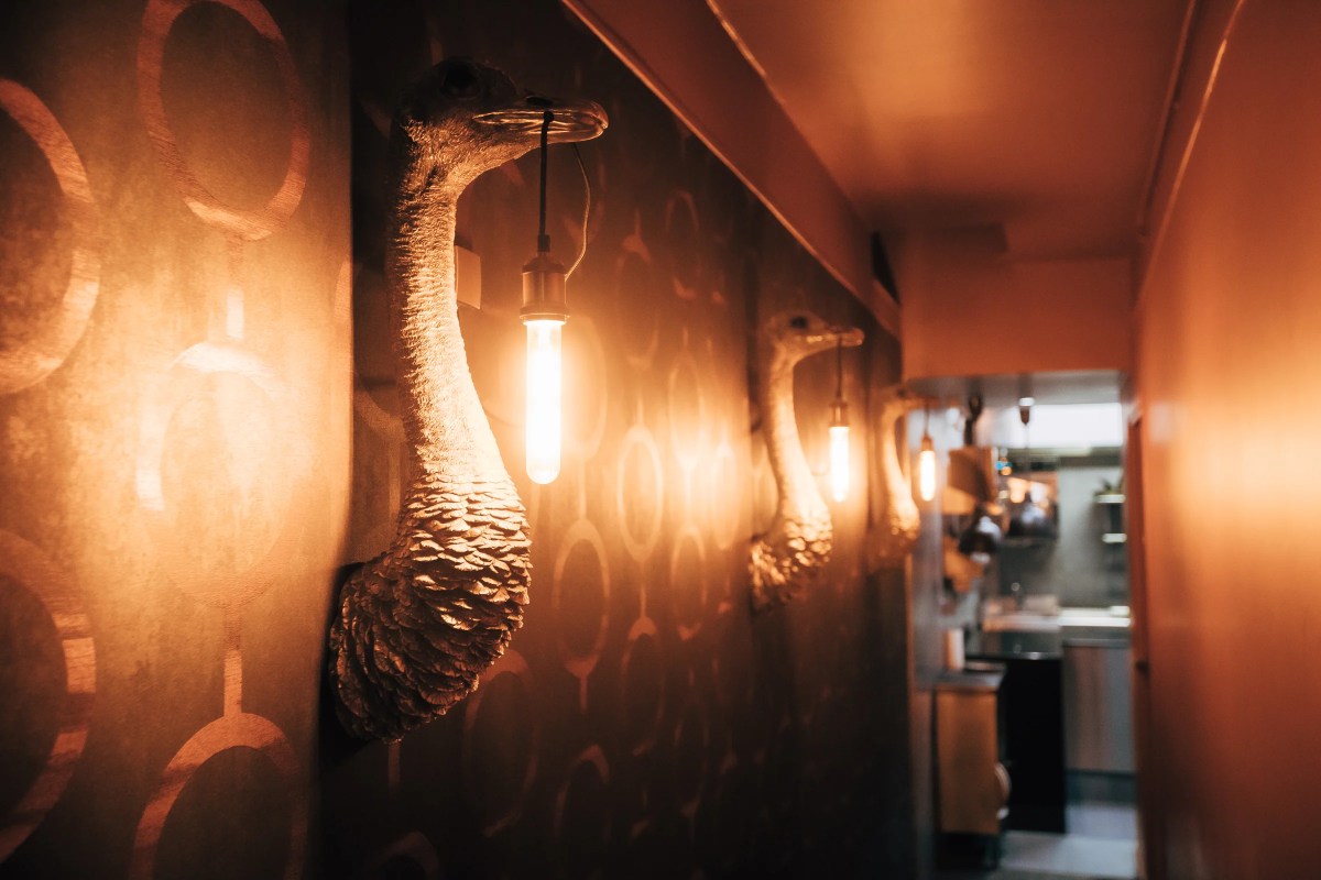 Dimly lit interior corridor with ornamental bird-head wall sconces and glowing bulbs leading toward the kitchen.