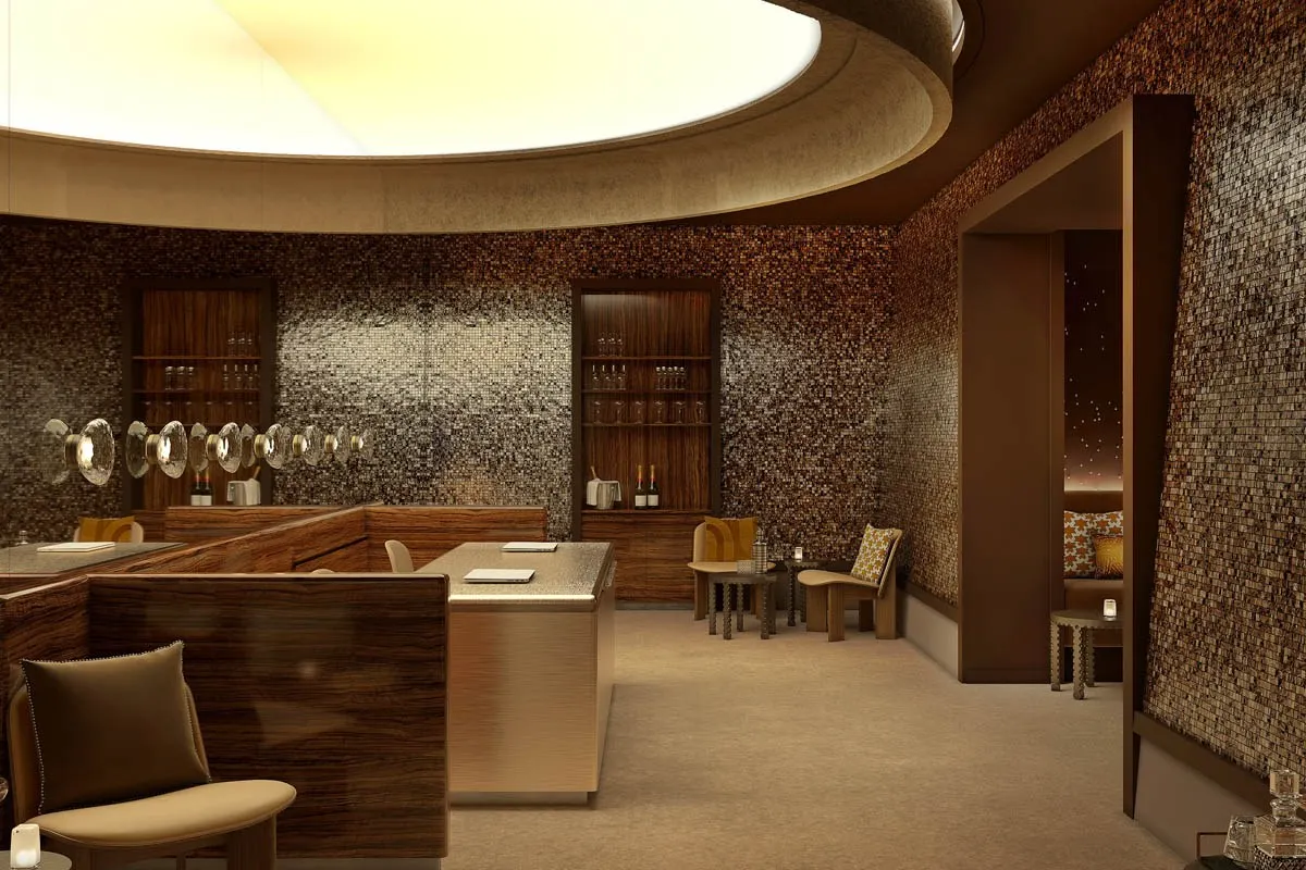 Hotel bar lounge with mosaic tile walls, wood bar counter and leather chairs