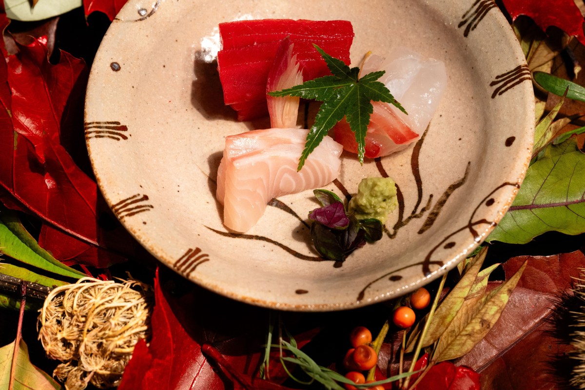 Plate of assorted sashimi with wasabi, garnished with a maple leaf, set among autumn leaves
