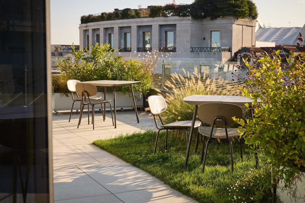 Rooftop terrace with wooden tables and chairs, greenery and a classical building in the background