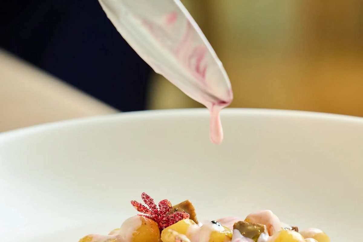 Close-up of a chef plating a dish, drizzling pink sauce from a cloth over gnocchi