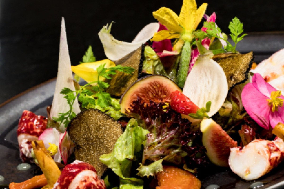 Elaborate salad plate with truffle shavings, figs, edible flowers and greens