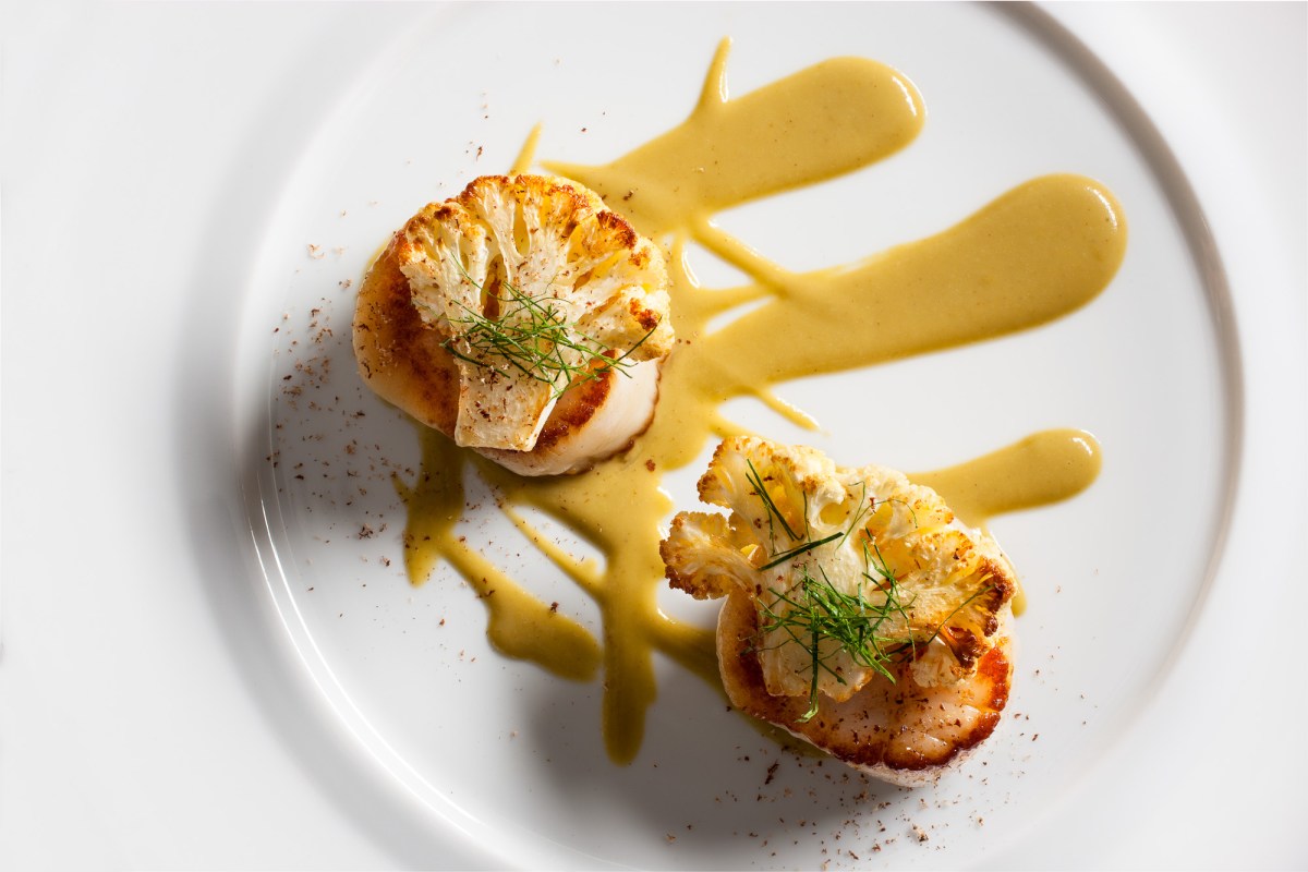 Overhead shot of seared scallops with cauliflower and a yellow curry sauce swirl on a white plate.