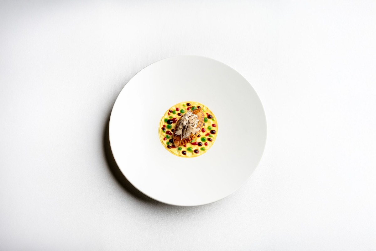 White plate with a savory tart topped with shaved truffle and colorful sauce dots