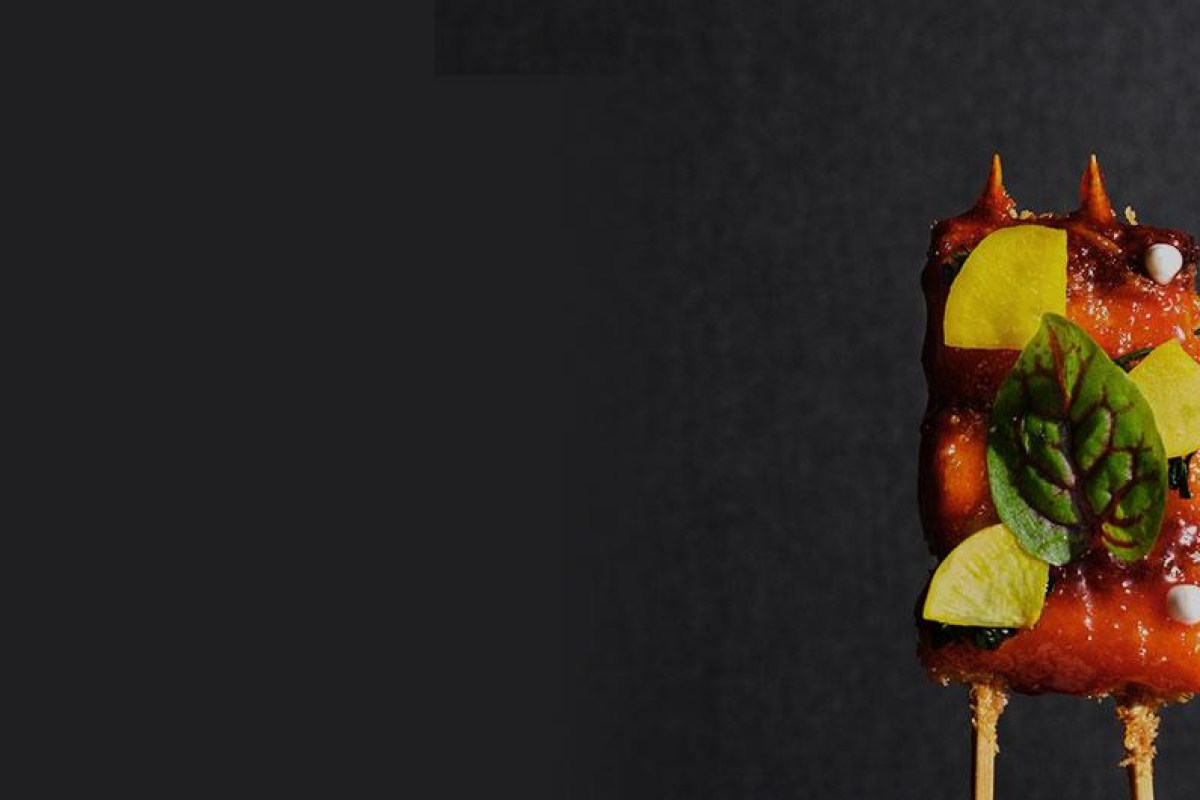 Close-up of a skewered dish garnished with thin vegetable slices and herbs against a dark background