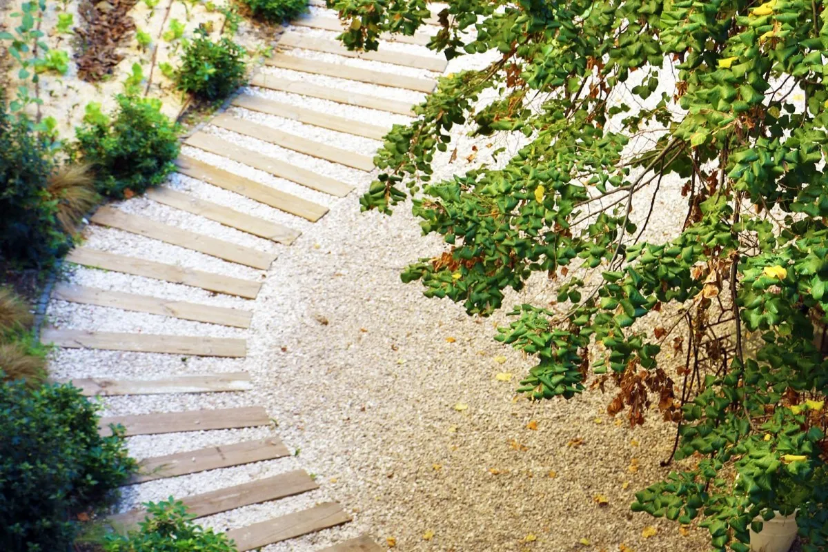 Garden pathway with wooden slats set in gravel, surrounded by greenery