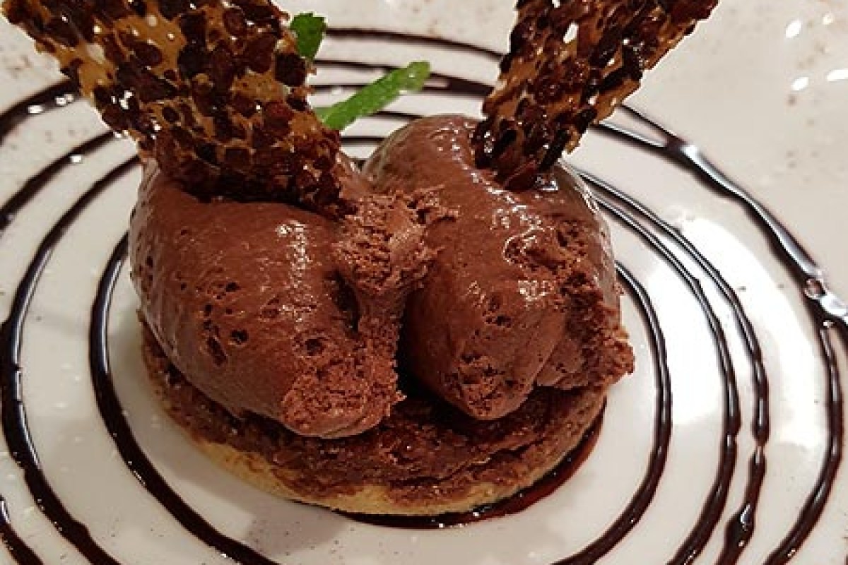 Chocolate mousse dessert with crispy tuile wafers and chocolate sauce drizzle on a plate