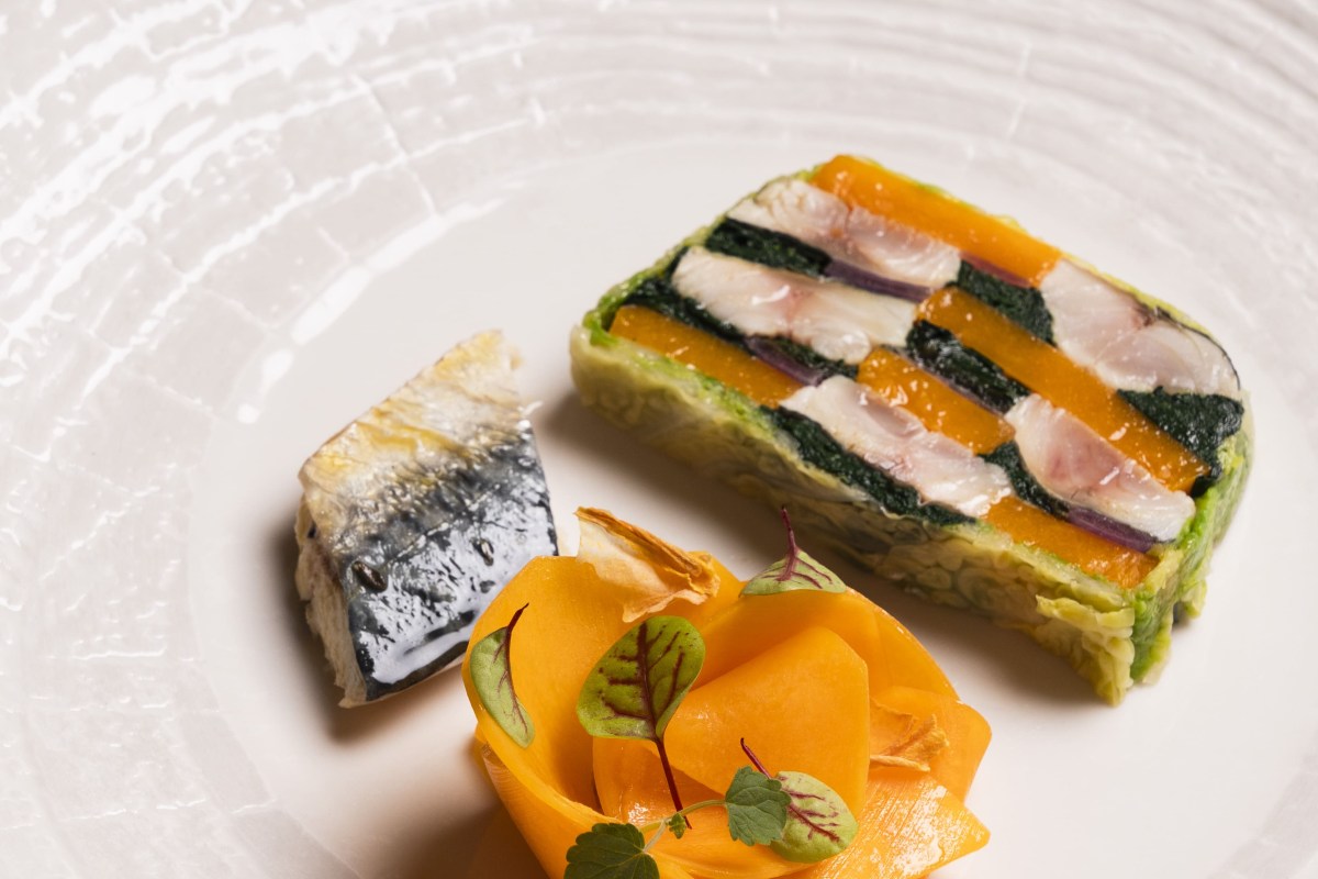Plated dish of layered terrine with fish, vegetables and herb garnish on white plate.