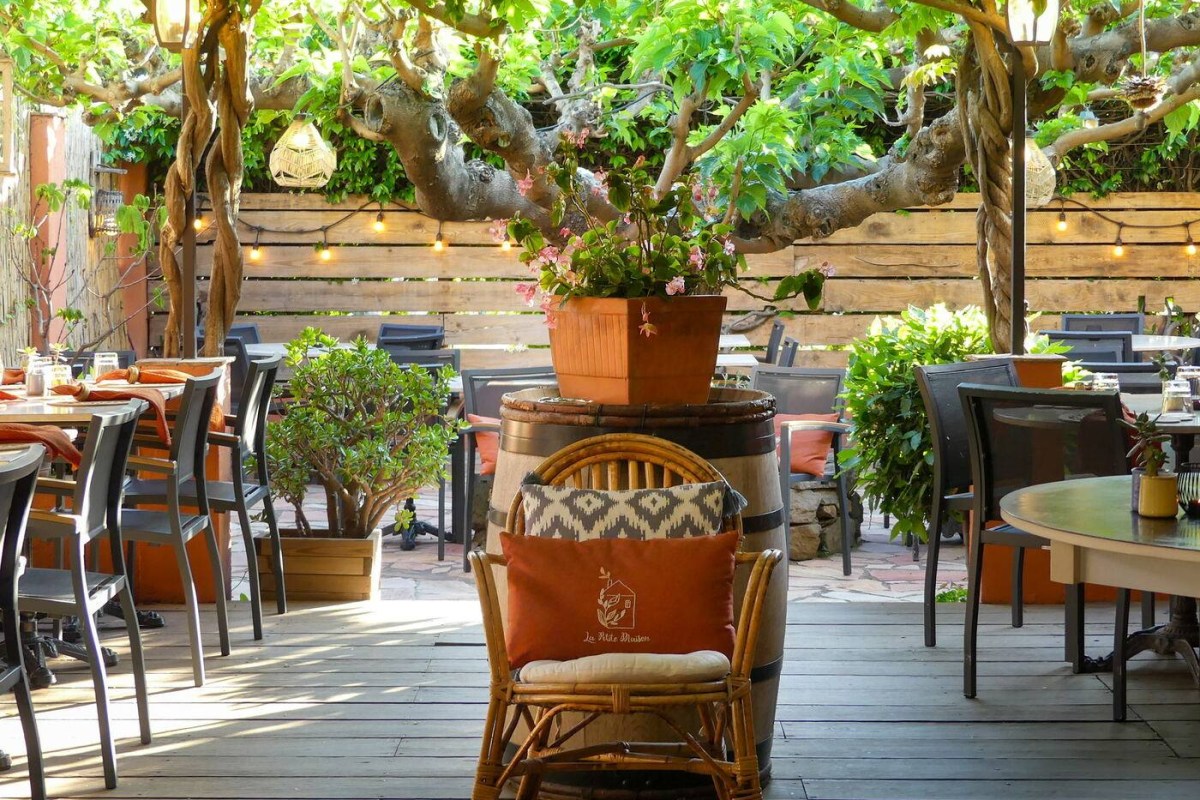 Covered outdoor terrace with wooden tables, rattan chairs, string lights and leafy vine canopy