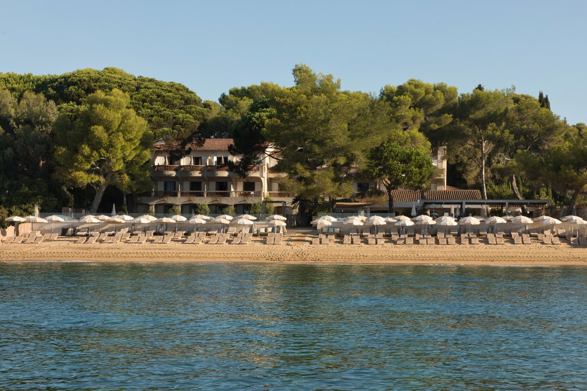 Hotel building viewed from the sea, surrounded by pine trees, with beach loungers and umbrellas lining the sand in front
