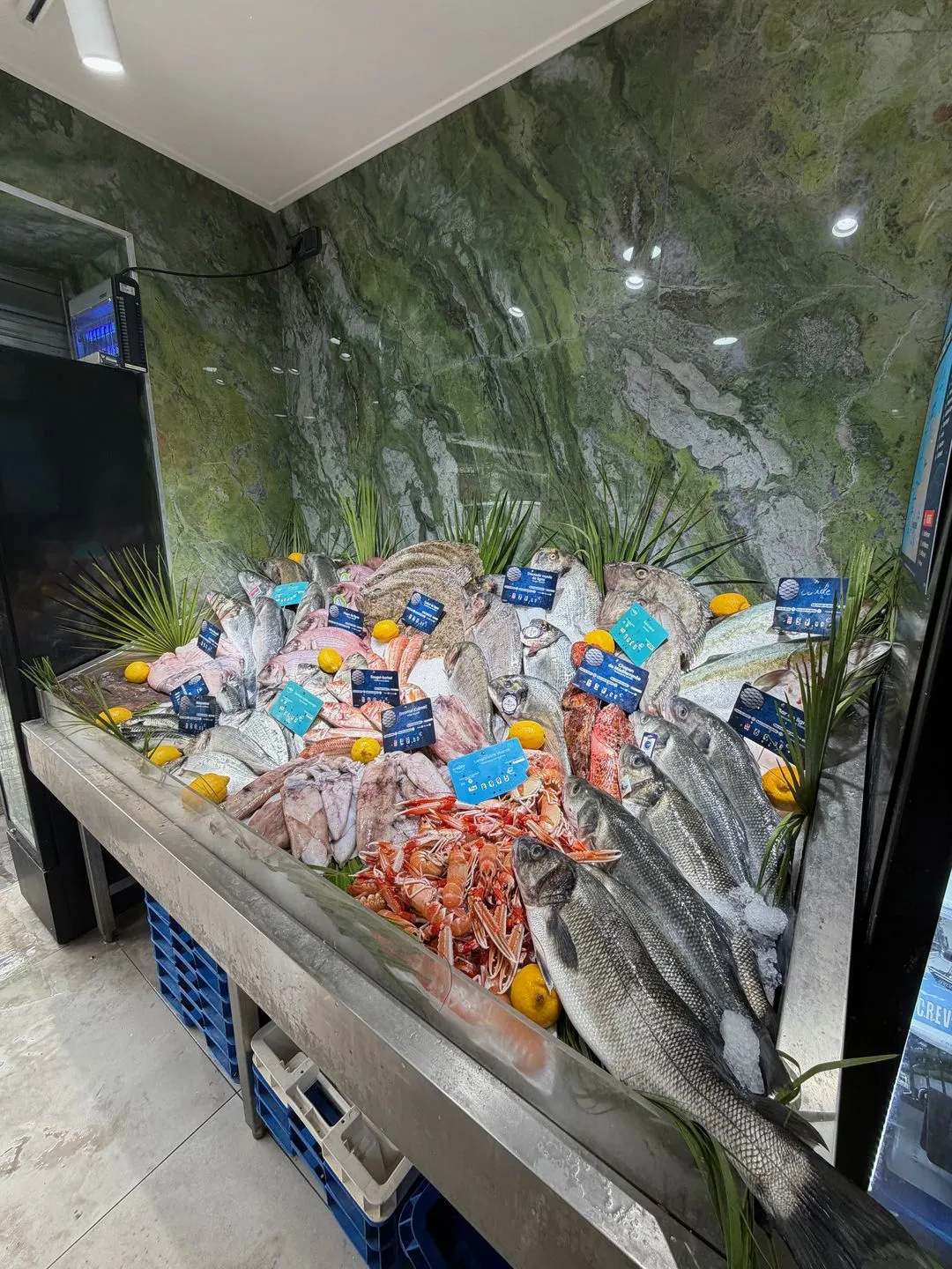 The fish counter at La Sirène in Antibes, whole fish and shellfish on ice in front of a green marble wall