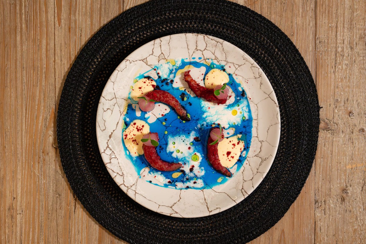 Artistic plated dish with blue sauce, cream dollops, and red seared items on a crackled white plate