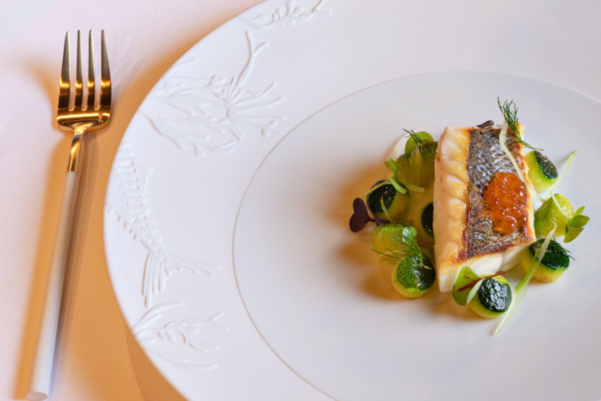 Pan-seared fish fillet with fennel, green vegetables and citrus jam, elegant plating