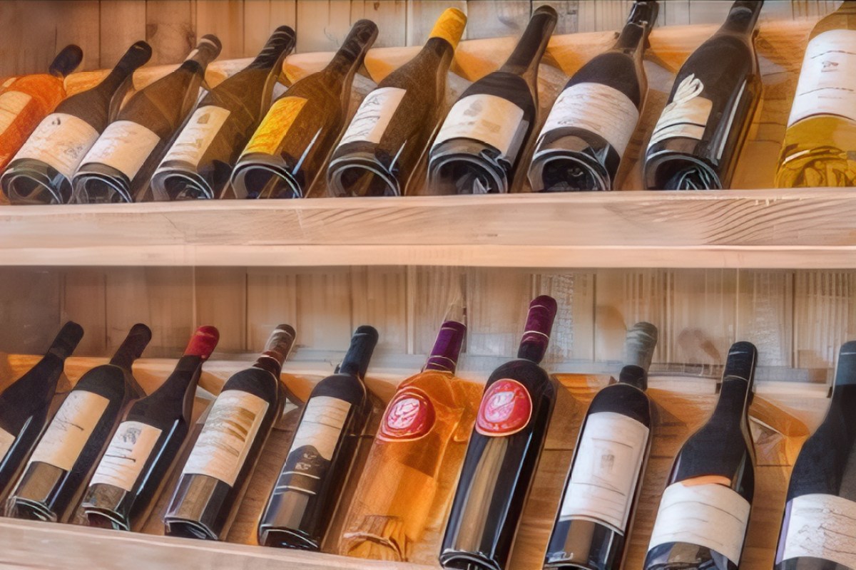 Wooden shelves lined with rows of wine bottles, likely part of the restaurant's bar area