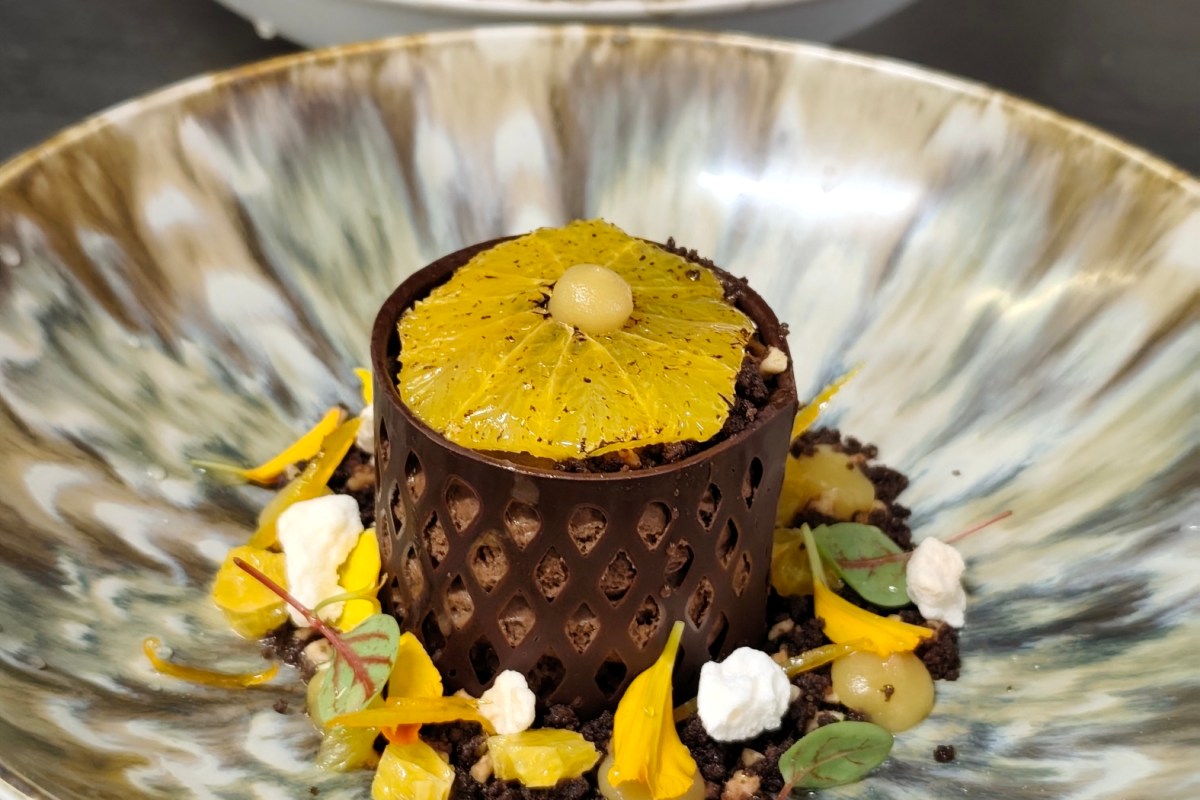 Plated dessert with chocolate basket, candied citrus and meringue drops in a ceramic bowl
