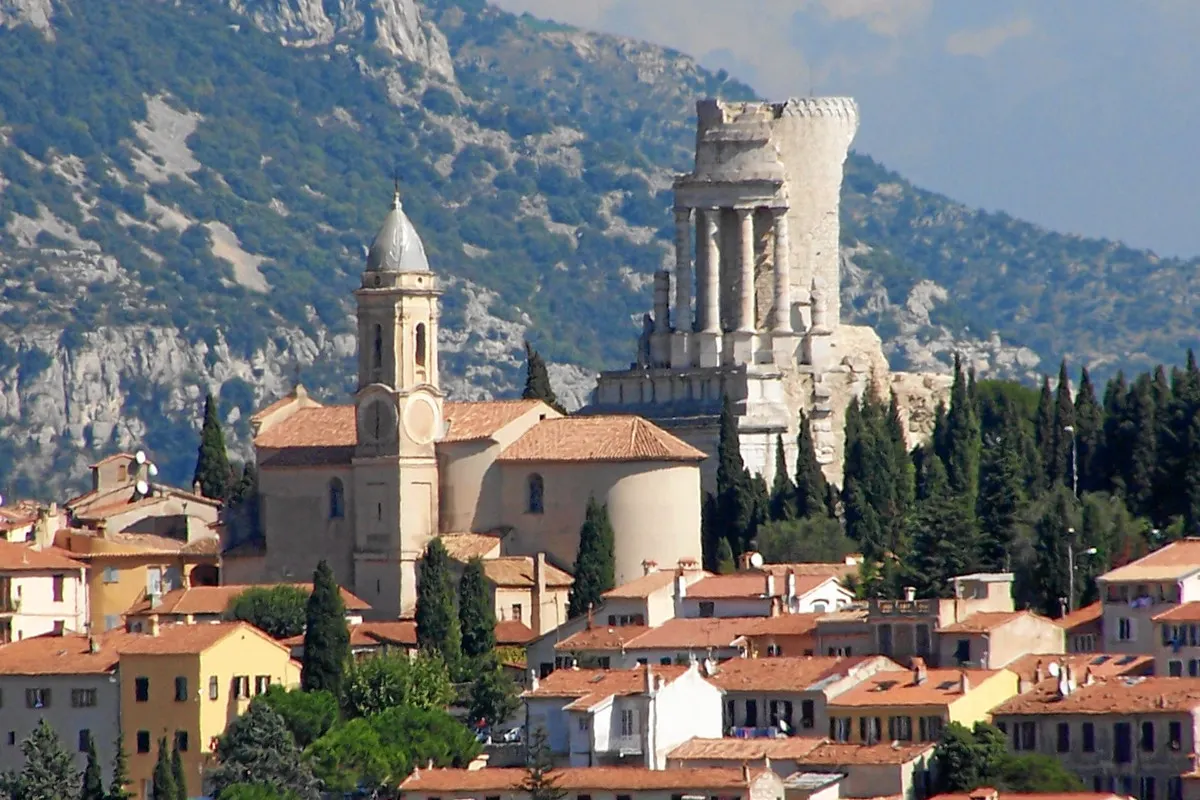 The village of La Turbie with the church of Saint-Michel and the Roman Trophy of Augustus rising behind it