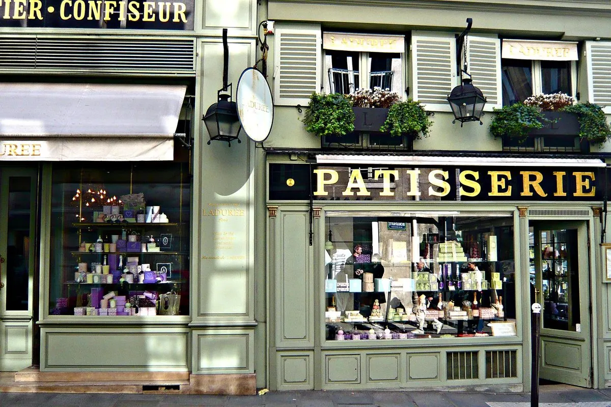 The green shopfront of Ladurée on rue Bonaparte, Paris
