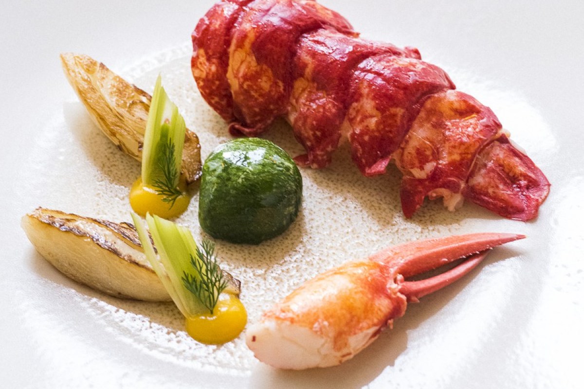 Plated lobster dish with grilled vegetables and sauces on a white plate
