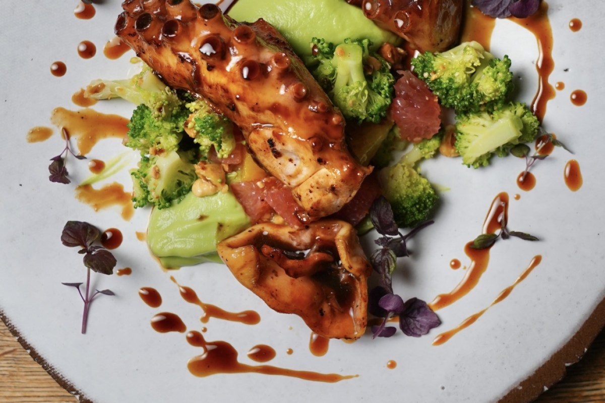 Plated dish of grilled octopus with broccoli, avocado puree, and citrus garnish at LAZU restaurant