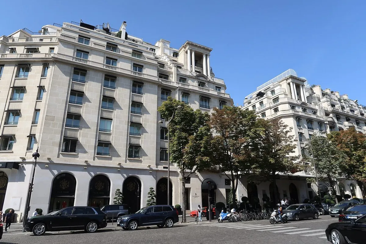 The Four Seasons Hotel George V's bright stone façade on avenue George-V in Paris's 8th arrondissement