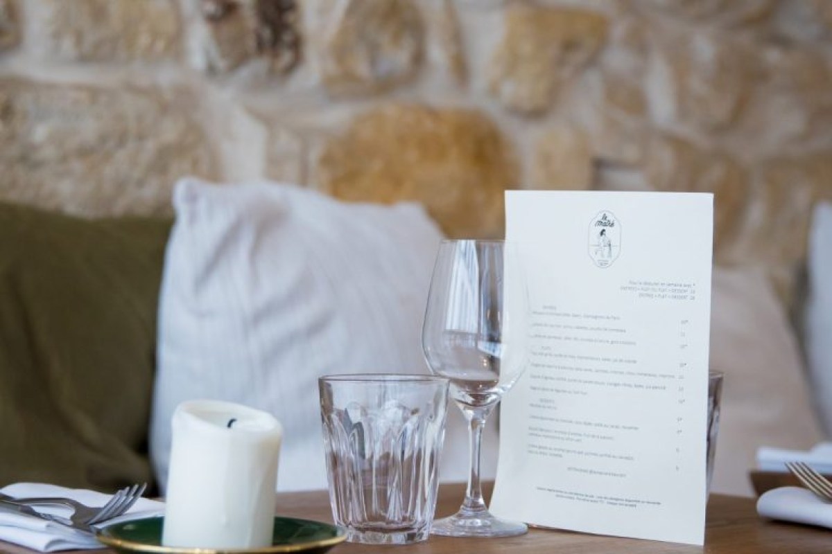 Laid table detail with restaurant menu, wine glass, water glass and lit candle against stone wall