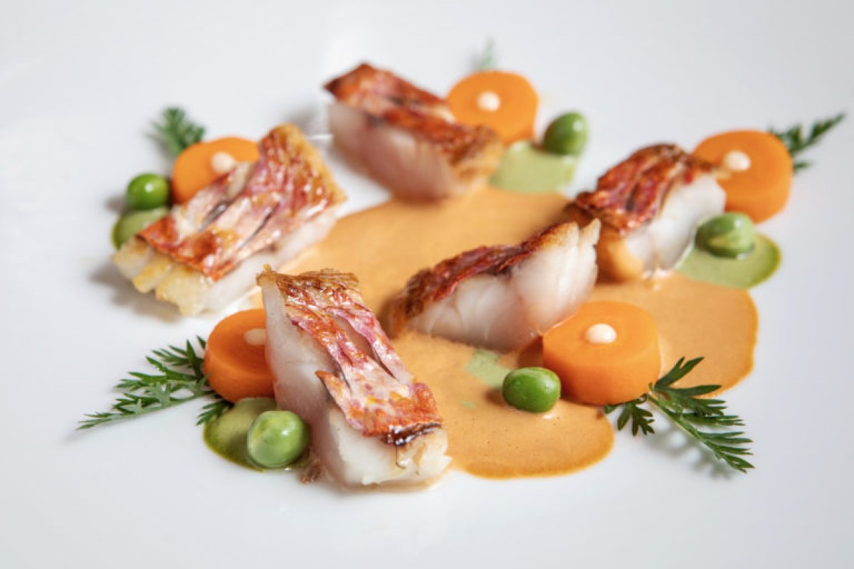 Pan-seared fish fillets with carrot rounds, peas and a creamy sauce on white plate